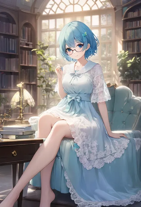 【 situations 】  gentle sunlight, library, soft light, enveloping light, reading table, sitting on a chair, fixing glasses, book on a table Relaxed, gentle smile, calm posture, dress with lots of lace, round dress, collar, sleeve, loose, fluffy dress, readi...