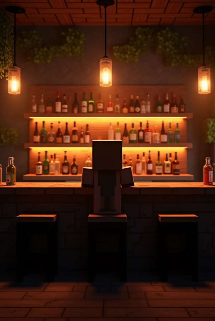 Minecraft bar counter, HD, Night time , Warm lighting , no people, facing the counter horizontal , Minecraft like bottles, First person Point of view 