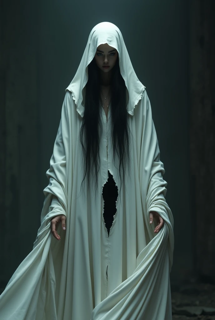 Kuntilanak with white cloth, long hair, color of hair is black, have a hole in the body 