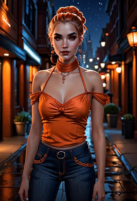 in the style of Charlie Bowater, (UHD),vampire, detailed face, girl in an orange halter top with cowl sleeves, jeans, downtown, braided pigtail, night