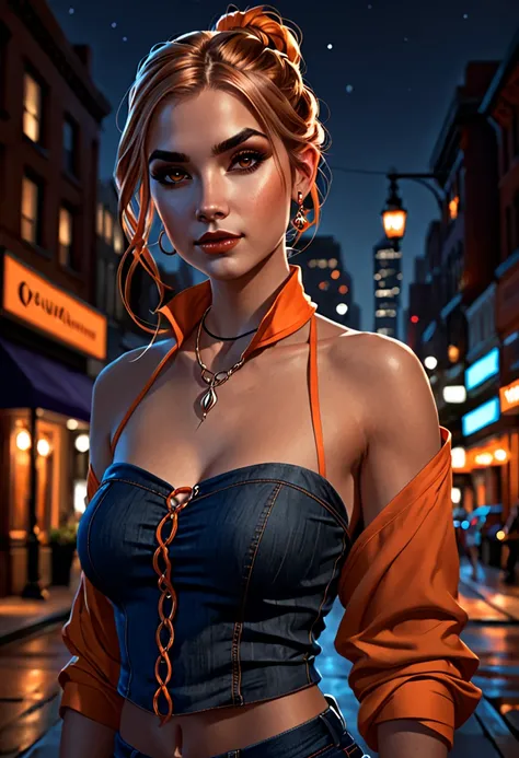 in the style of Charlie Bowater, (UHD),vampire, detailed face, girl in an orange halter top with cowl sleeves, jeans, downtown, braided pigtail (dark blonde hair), dark night