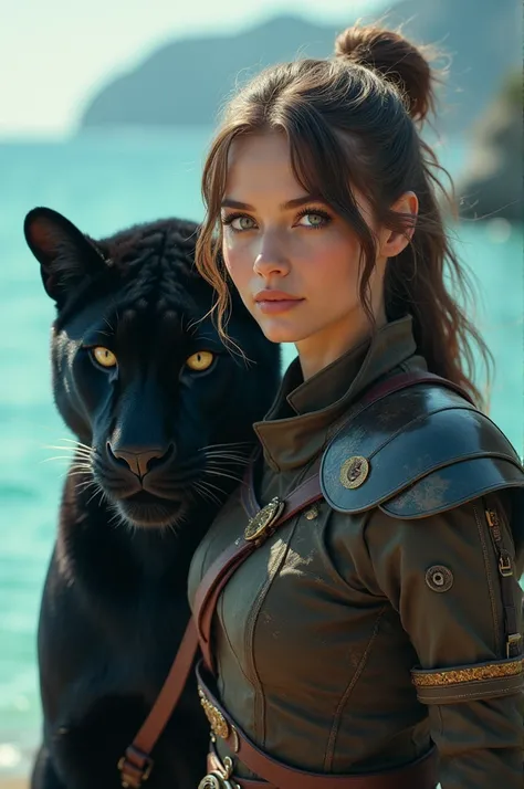  A 35-year-old woman with straight light brown hair tied up.  Her eyes are the color of an island amidst the translucent blue-green sea . She is ecstatic and full of confidence .  Dressed in delicate yet sturdy armor .  She feels safe next to her big black...