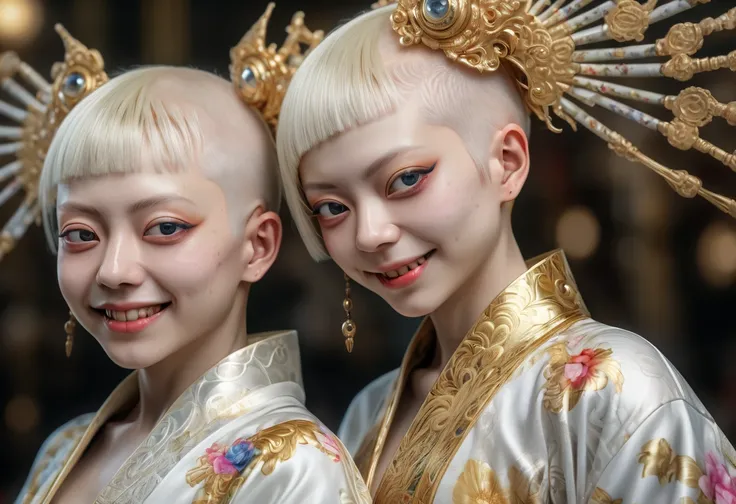 2girls, highly detailed portrait, albino girls, big smile, extremely detailed eyes and face, longeyelashes, very short shaved haircut, revealing gold tight kimono lace, (best quality,4k,8k,highres,masterpiece:1.2),ultra-detailed,(realistic,photorealistic,p...