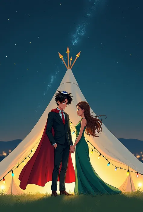  A young Jewish Saiyan with brown hair without a beard wearing an all-black suit,  black dress shirt with red tie and a black kippah , wearing a red cape and his bride ,  a girl with long brown hair and a green dress ,  at their wedding on a green outdoor ...