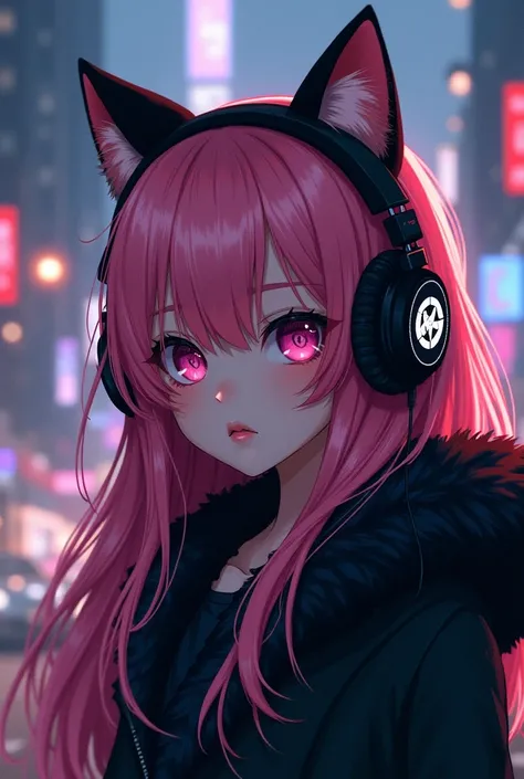 The image is an illustration of a young girl with long pink hair and cat ears on her head. She is wearing a black jacket with a fur collar and has a pair of black headphones on her ears. The headphones have a logo on them and the girl is looking off to the...