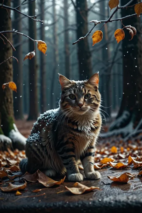 cat, first snow, flakes, partial snow cover, cinematic film still, breathtaking, Falling leaves, melancholic mood, papery texture,  natures whispered farewell in rustling gusts, photo-realism, film grain, film still, bokeh, intricately detailed, , perfect ...