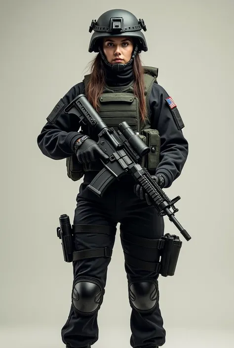 A military girl in a black United States uniform with a helmet, vest and rifle in her hand, a pistol around her waist..