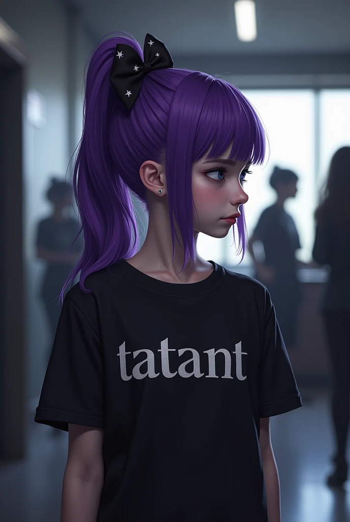 The image is a digital illustration of a young girl with long, purple hair. She is wearing a black t-shirt with the word "TATANT" written on it in white letters. Her hair is styled in a high ponytail with a bow on top. She has a serious expression on her f...