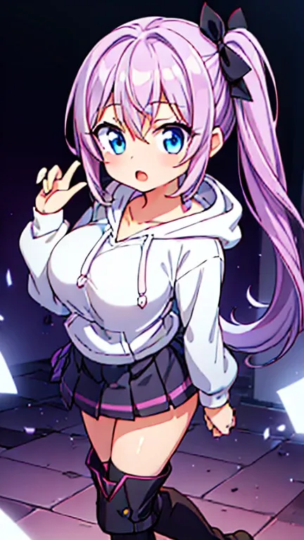 ((1 Girl, Solo)), BREAK ((SFW, Anime Illustration, 2D, Clean Line Drawing, Masterpiece, Absurdres, Super Image Quality, Super Quality, Super Detailed, Super Contrast)), BREAK ((Lilac-Colored Hair:2, Tying a Side Ponytail with a Black Ribbon:2, Huge Breasts...