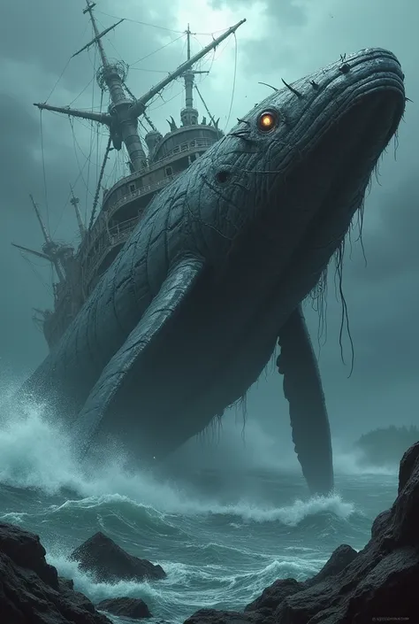 Ship and Whale Hybrid
"Create a monstrous hybrid entity where the features of a ship and a whale are seamlessly fused into a single, terrifying creature. The body should combine the whales sleek, muscular form with the ship’s jagged, metallic structures, b...