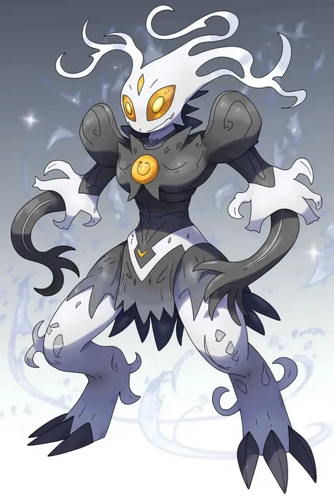 A majestic Ghost/Fighting type Pokemon called Phantomartial, ((stylized pokemon-like proportions))::1.5, tall ethereal figure with exaggerated limb proportions::1.3, distinctive non-human body shape like Gallade or Blaziken::1.2, flowing white bio-luminesc...