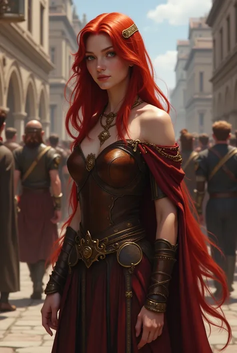 Human, female, long red hair, tall, blue eyes, light skin, stand a little to the side, dark brown leather armor, dark brown leather skirt, off shoulder, gold belt, gold sandal, gold hair ornament,in the background crowed city square, healing a mans wounds 