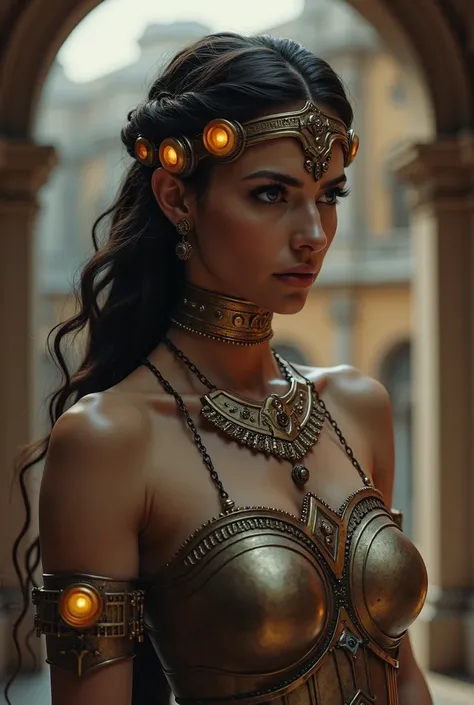 Roman goddess, Libertad, glowing eyes, head to breast, legionnaire cybernetics. High Resolution, Masterpiece, Award Winning, Best Quality, High Details, High Quality, UHD, Optical Illusion, Impressionism, Art Deco, Cinematic, Cinematography, Futurism, Hype...