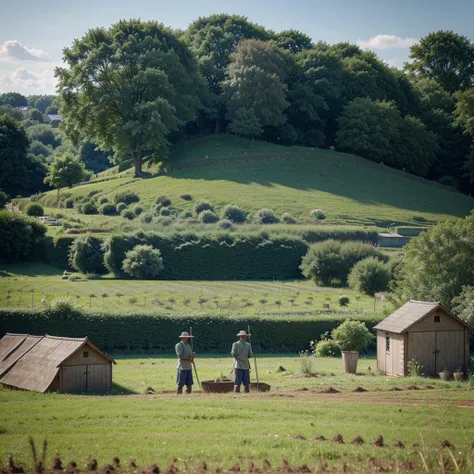 A green village and open fields. Two men stand in the field, one with a spade in hand preparing to dig the soil, the other ready to move the soil. Small huts and trees are visible in the background