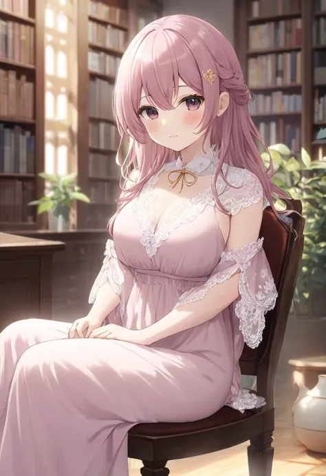 【 situations 】 gentle sunlight library soft light enveloping light reading table Sit on a chair Gestures to fix glasses A book on a table relaxing A gentle smile Calm posture A dress with lots of lace round dress collar sleeve A loose and fluffy dress read...