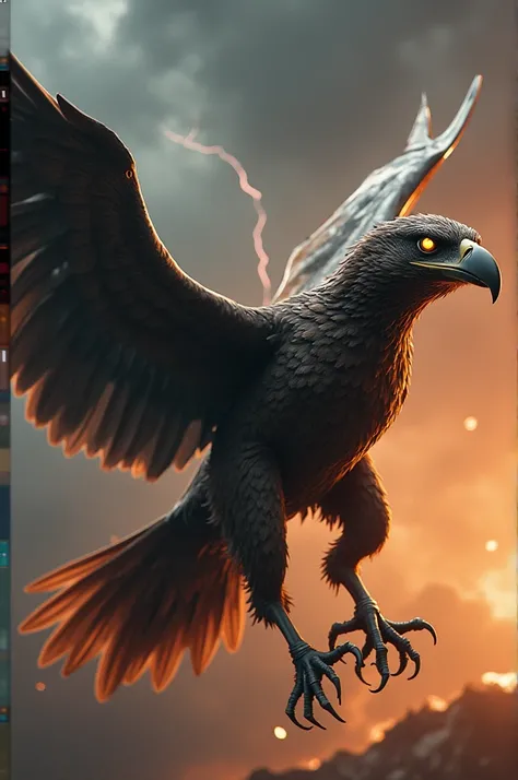 "Design a hybrid creature that seamlessly combines the features of an eagle and an F-16 fighter jet. The creature should have the wings, sharp beak, and talons of an eagle, but the body and sleek aerodynamics of an F-16, giving it a monstrous, dangerous ap...