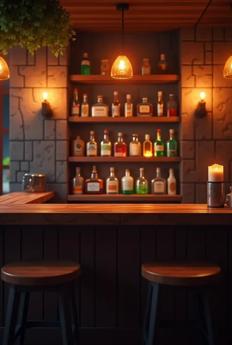 Minecraft bar counter, HD, Night time , Warm lighting , no people, facing the counter horizontal , Minecraft like bottles, Customer point of view on the counter table , no people , no sideways pov, landscape , straight facing the bottles on the shelves , M...