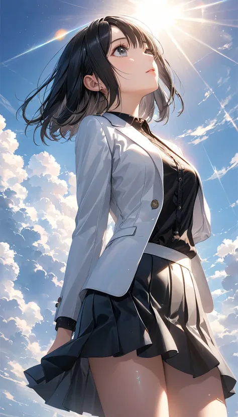 (masterpiece:1.2), high quality, high resolution, ultra detailed, 4K, 8K, illustrative realism, dazzling sunlight, A woman is looking up at the sky, from below, full body, (detailed beautiful face), (detailed beautiful eyes:1.2), black eyes, narrow eyes, s...