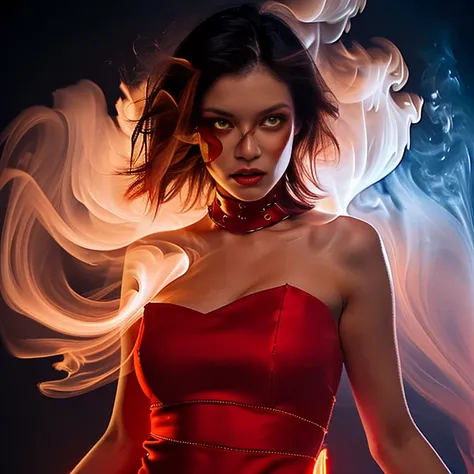  woman in a red naked dress with smoke, coming from the face ,  red glow, Blazing Red,  red glowing skin,  red and cinematic light, red smoke, red aura, red background, with red haze,  red glowing eyes, red mist,  red light from the mangeta smoke , Blazing...