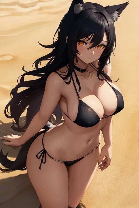 Demi human wolf girl with massive breasts and a small bikini on at beach lower half in the sand tail sticking out hand on ear hand over breast 