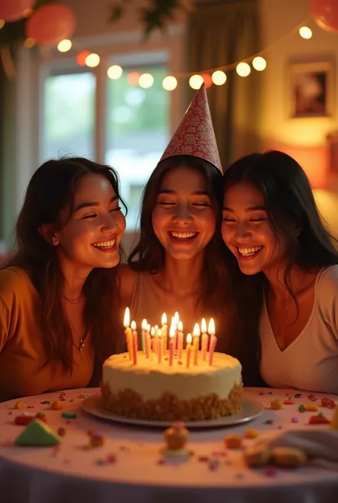 A  having fun on her birthday 
With two friends