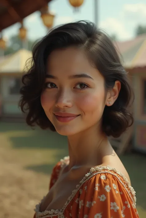  16-year-old white Colombian woman from the 1940s, very thin face,Smiling shy ,  hyperrealistic,  super detailed face , Background of a fair  , vintage photo