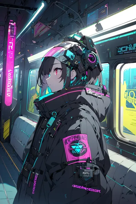   1 girl,   cyberpunk,subway,  in the train,Dim lighting, , Food,   knight ,  neon sign  , character profile,  display attached to the head, 