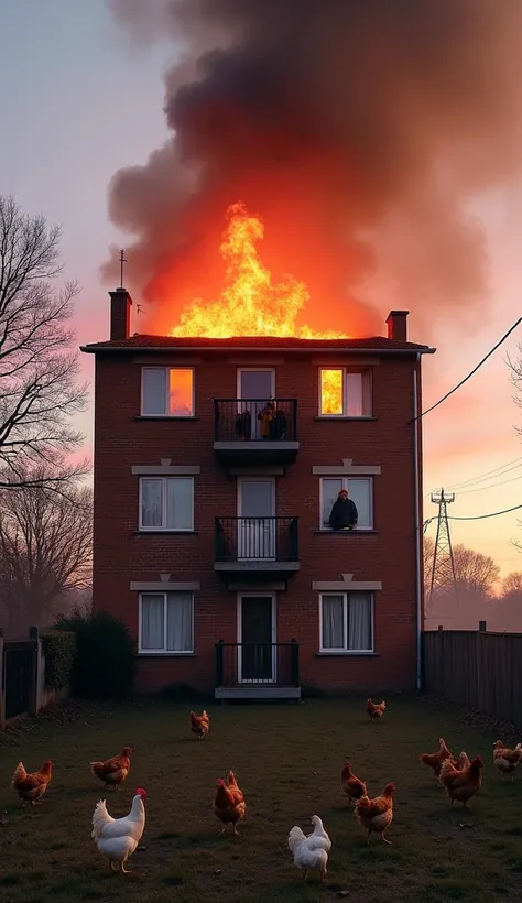 A small brick apartment building in a quiet rural village, its top floor consumed by flames during the early morning. Firefighters rescue a  from a window as chickens scatter in the foreground. The soft pink and orange hues of dawn mix with the intense red...