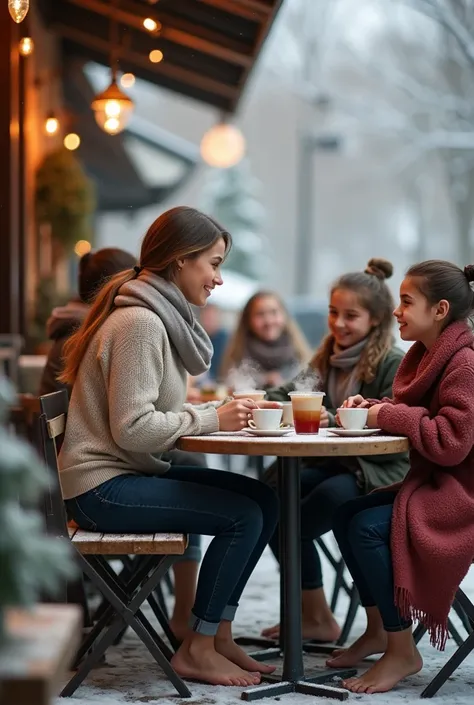 Realistic photo, young barefoot waitress talking to 14-yo white girls in outdoor coffee shop in winter, all barefoot 