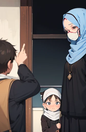 A 1middle aged man looking embarrassed while being bothered by a 1young hijabi muslimah teen girl, who is getting way too close and poking and teasing.