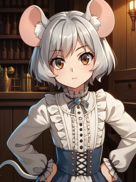 good lighting, masterpiece, good quality, beautiful, 1girl, upper-class, solo, kemonomimi, Mouse boy, mouse ears, 1 mouse tail, chin length silver hair, brown eyes, young, short, posing, hands on hips, 1840s era clothing, Victorian era, embroidered clothin...