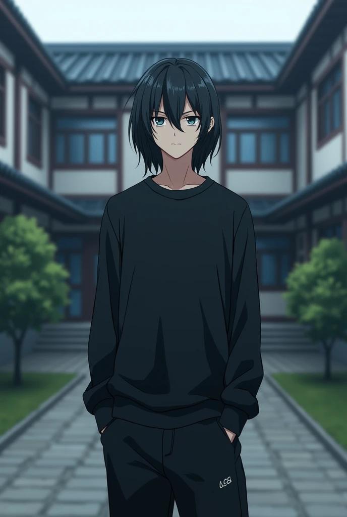 Anime boy with long black nylon shirt, black sweatpants, shoulder-length jet-black hair, and blue-gray eyes standing in front of a school with a calm and deadpan expression