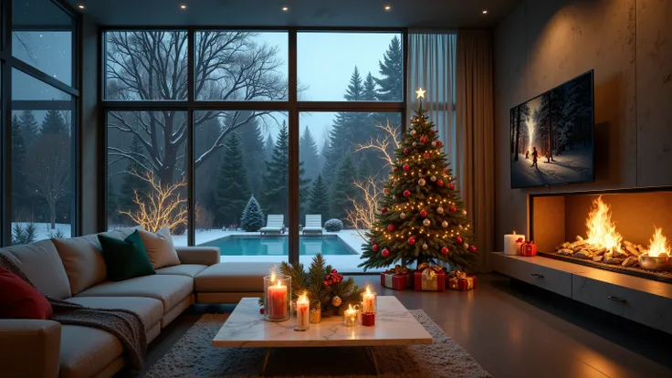 A photorealistic depiction of a luxurious, modern living room decorated for a cozy Christmas night. The room features floor-to-ceiling glass windows showcasing a snowy winter landscape outside, with soft snowflakes falling gently and a serene, frosted swim...