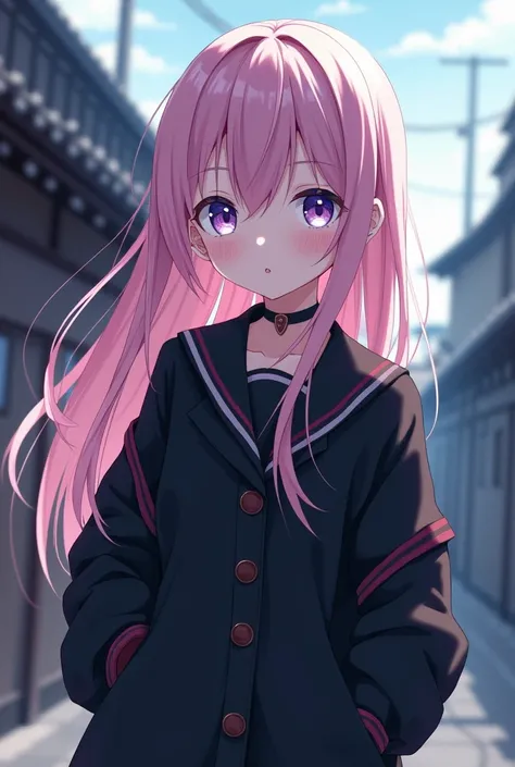 A anime girl with light long pink hair, light pink with purlpe and blue eyes and multiple personality. Her normal personality is that she is quite shy, quiet and naive. Her other personalities are very dangerous. Wearing full black school uniform with blac...