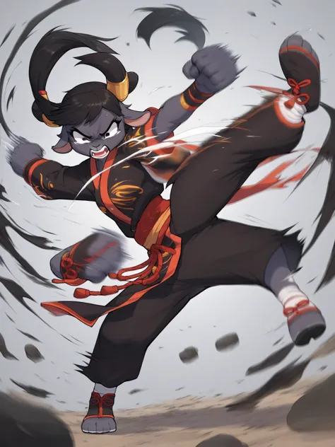 Pooow!! , female black goat girl  , (hump motion blur , Kung Fu Battle , Afterimage) , kung fu uniform , Martial Arts Hall , and A person who is hit and blown away , Clothes get torn