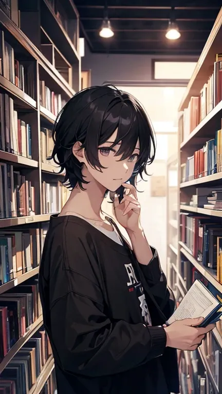  black hair、Books、male、night