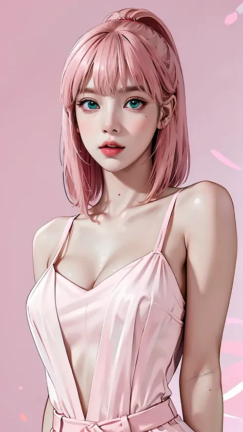 detailed aqua eyes, pink hair, (aqua eyes), Official art, Unity 8k Wallpaper, Ultra-detail, Beautiful and aesthetic, masterpiece, Best Quality, 1girl, big , Extremely detailed, elegant, vivd color, romanticism, arms behind back, street fashion, shiny skin,...