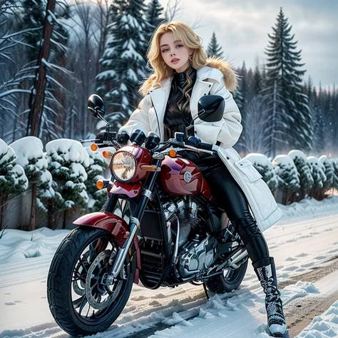  blonde girl in a white short coat on her naked body. high chest ..blond woman in a fur coat sitting on a motorcycle in the snow, karol buck uhd, motorcycle, Igor Grabar, motorcycles, по Howard Lyon, Carol Buck style ,  in the style of Stanislav Vovchuk, 🚿...