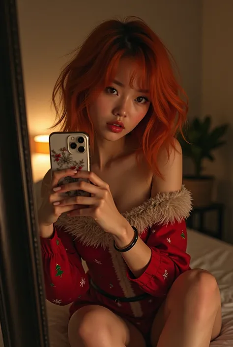 Female thailand, student small size, hair color red,orange height 160 with chistmas cloth, sit of front of far mirror pose sexy , selfie and hold phone in bedroom, realistic ,no light,minimal 