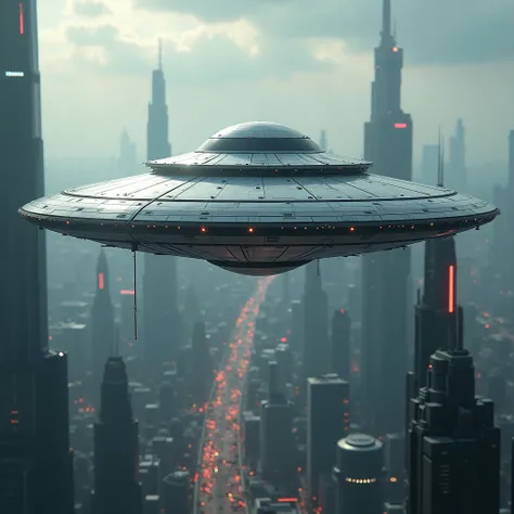 a highly detailed silver ufo hovering above a futuristic high-tech city, dramatic lighting, cinematic composition, stunning 8k resolution, photorealistic, intricate details, masterpiece, award-winning digital art