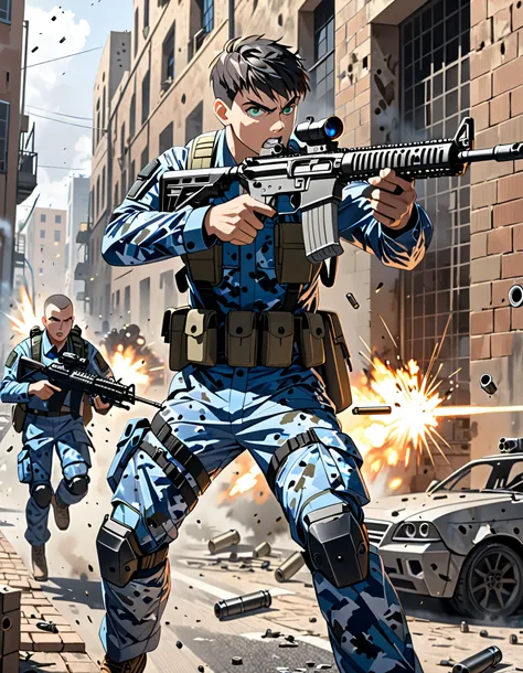 masterpiece, best quality, hires, 1man, solo, solo focus, dynamic action pose, silver-skinned male, holding weapon, cybernetic limbs, holding gun, holding and firing an AR-15 rifle, shell casings coming from gun, black hair, brown hair, short hair, crew cu...