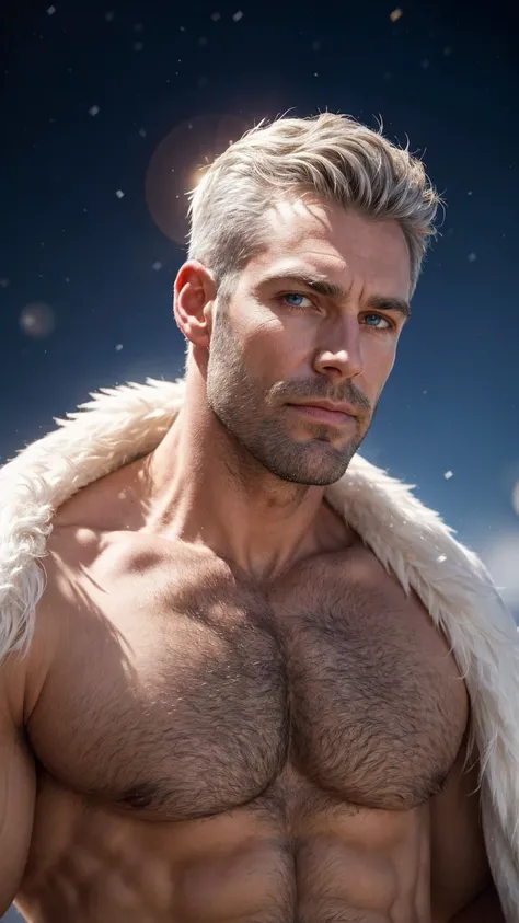 A handsome adult prince of snow with white hair, "Close-up of a man Very handsome! Short white hair with hair made of ice crystals and skin as smooth as snow, creating a snowstorm with her raised hands. Large, bright snowflakes are being summoned around he...