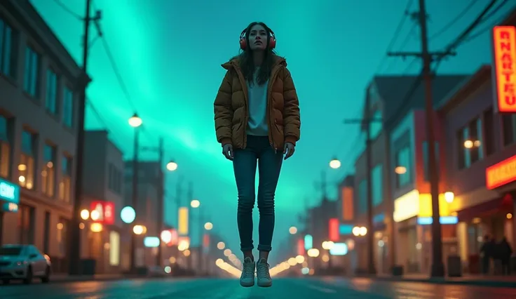 

Make image structure for women using headphone and casual outfit full body standing little bit levitating from in the middle of the town great with Aurora Borealis lights on the sky with cinematic ( landscape picture) depth of field photography, pop art,...