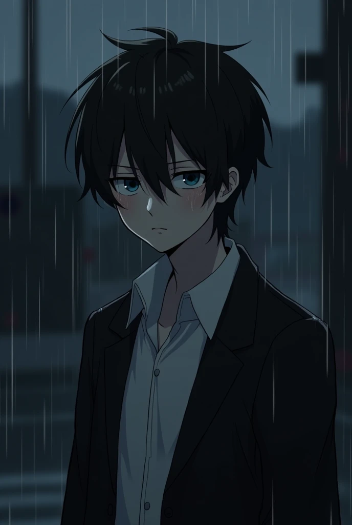 Create an anime-style illustration of a 24-year-old boy standing in the rain at night, with a solemn and melancholic expression. He has medium-length, messy black hair that partially covers his eyes, with a few strands dripping wet from the rain. His face ...