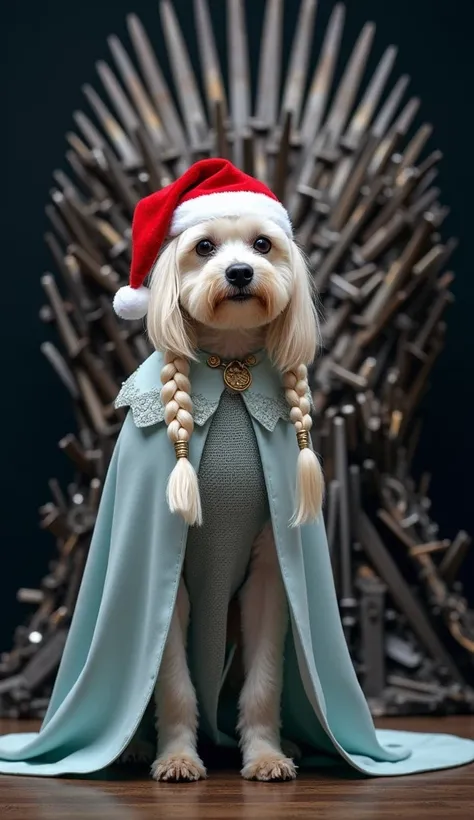 "A dog standing on its hind legs, dressed as Daenerys Targaryen from *Game of Thrones*. The costume includes a flowing, elegant pale blue or silver gown with dragon-scale details and a flowing cape, resembling Daenerys iconic look and a red Santa hat. The ...