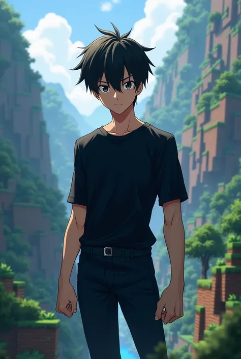 Make me a black haired male anime character wearing black pants and Minecraft background 
