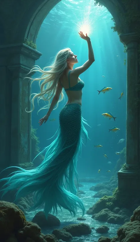 The magical mermaid is standing in the old ruins of the village under the blue water using her magical powers and holding the magic pearl in her hand