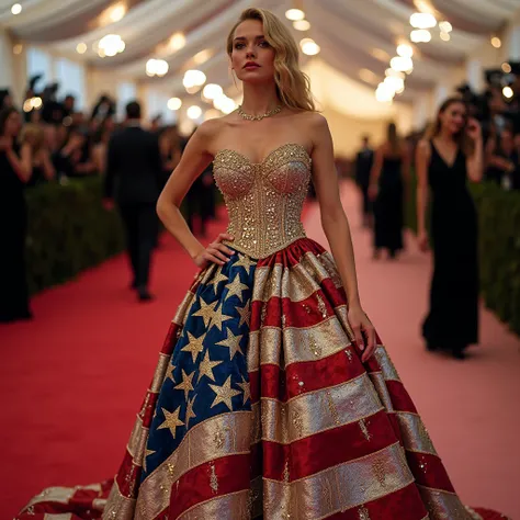 Create a show-stopping Met Gala dress designed by Versace, showcasing a dazzling USA flag theme, the dress features a bold, sculptural silhouette with a fitted corset that beautifully accentuates the waist, cascading into a voluminous skirt that exudes dra...