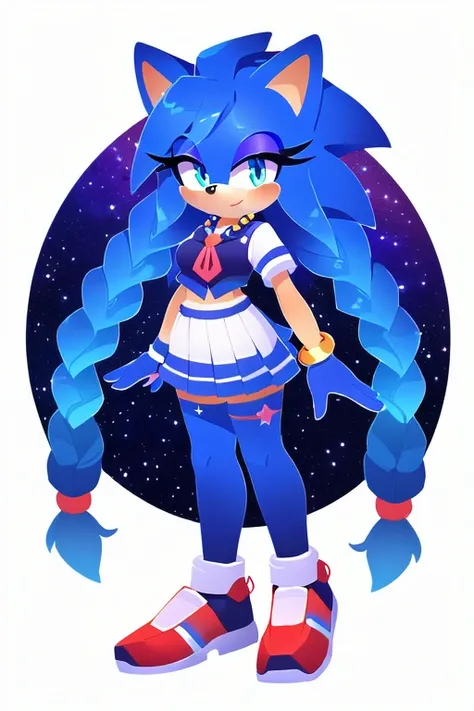 Sonic oc, Mobian, female, Cosmic hedgehog, A beautiful light blue hedgehog, purplish blue eyes, very long hair/quills, braided and beaded long hair bangs, long streaks of hair on each side of her face, (star constellation on hair, beads on hair, smooth fur...