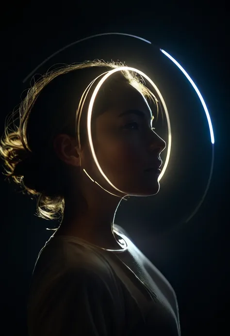 A profile shot of a person with rim lighting, a thin outline of light surrounding the figure, creating a glowing halo effect against a dark background.